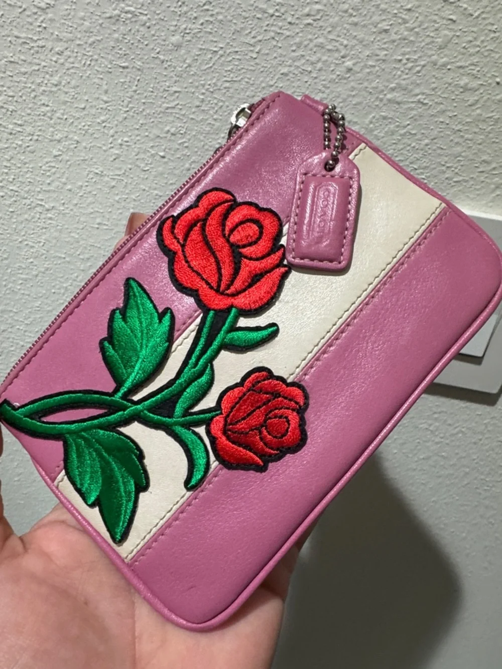 Rare Coach Pink Rose Appliqué Wristlet with Cream Stripe